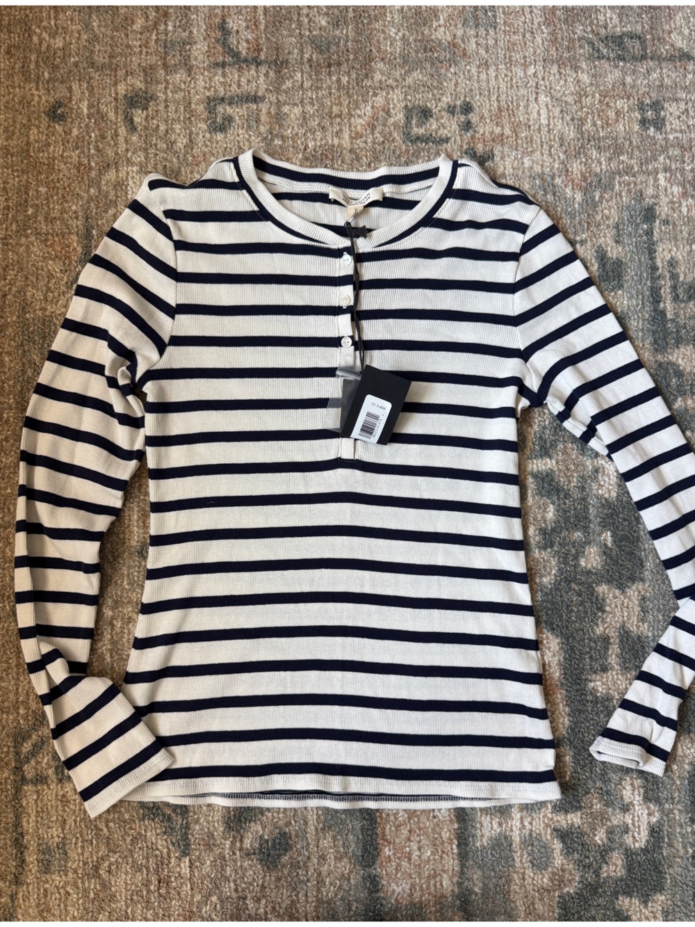 Nili Lotan Navy and White Striped Long Sleeve Boatneck Top